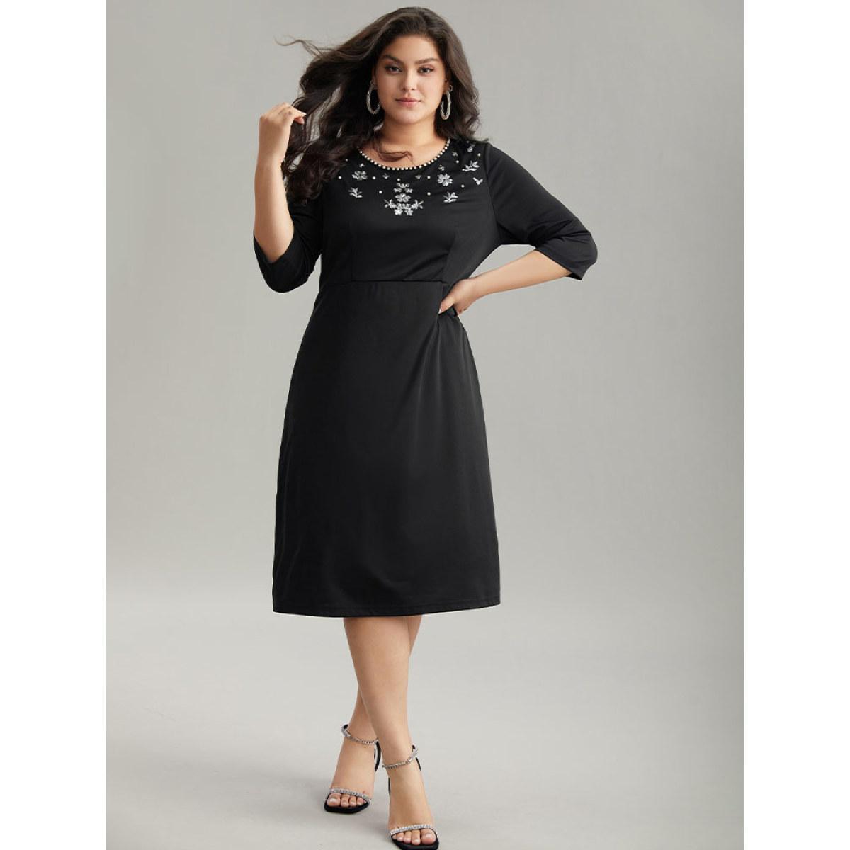 Plus Size Round Neck Sequin Pearl Beaded Dress Black Women Glamour Beaded Round Neck Elbow-length sleeve Curvy Midi Dress BloomChic 10/M Product Image