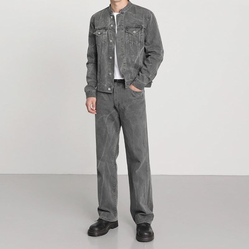 RT No. 5571 GRAY MANDARIN COLLAR DENIM JK & WIDE STRAIGHT JEANS Product Image