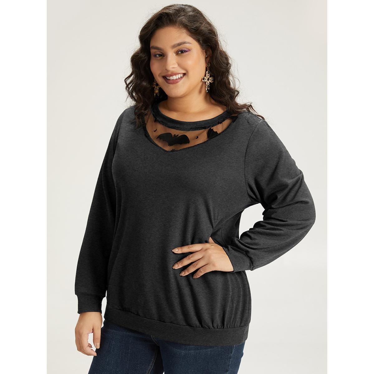 Plus Size Halloween Bat Print Mesh Patchwork Sweatshirt Women Gray Elegant Elastic cuffs Round Neck Festival-Halloween Sweatshirts BloomChic 10/M Product Image