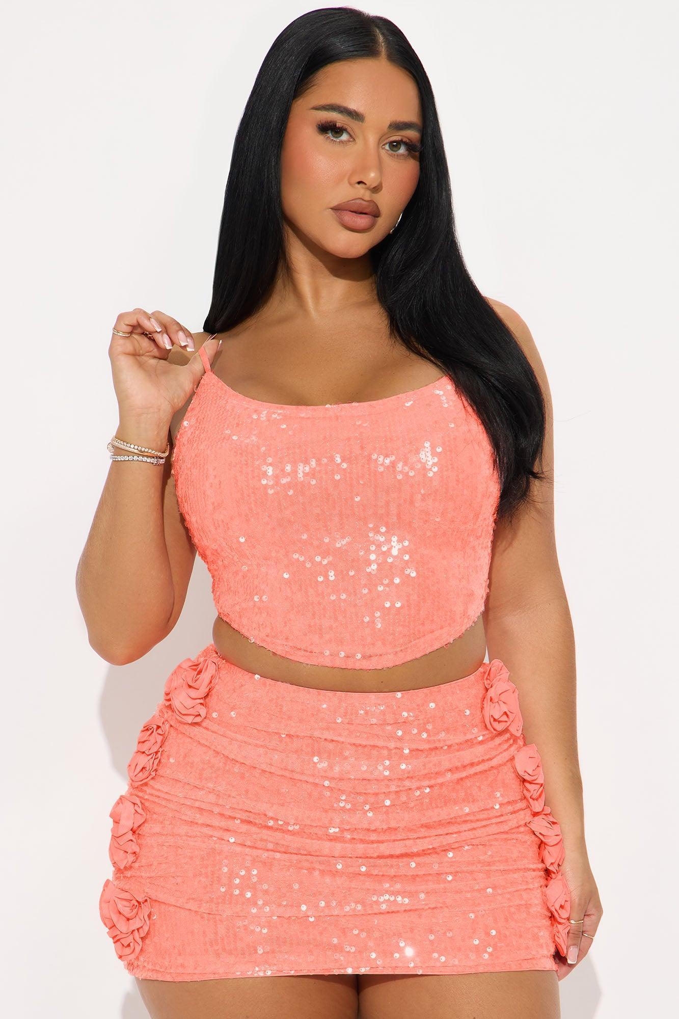 Radiant Rose Sequin Skirt Set - Coral Product Image