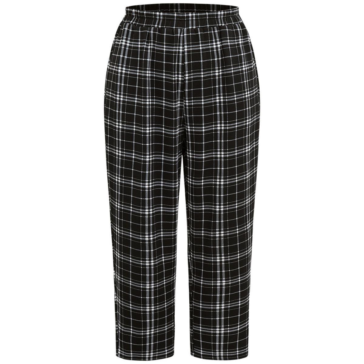 Plus Size Plaid Elastic Waist Straight Leg Pants Women Black Work From Home Straight Leg High Rise Work Pants BloomChic 26/4X Product Image
