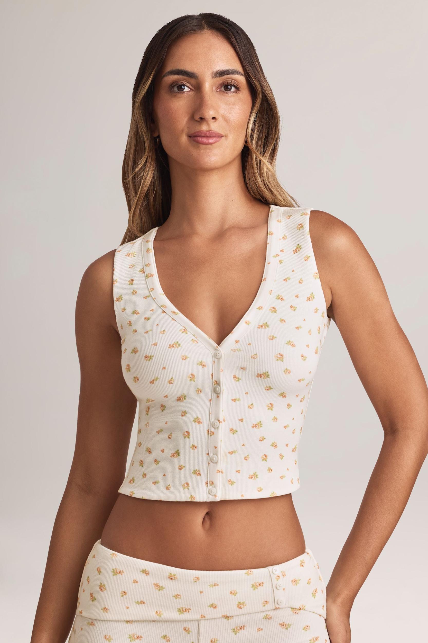Modal Ribbed Button-Up Vest Top in Floral Print Product Image