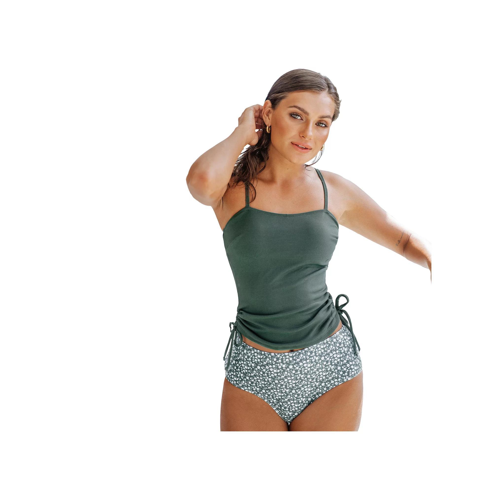 Women's Cupshe Rib Drawstring Top & Ditsy Floral High Waist Tankini Set, Size: Medium, Green Product Image