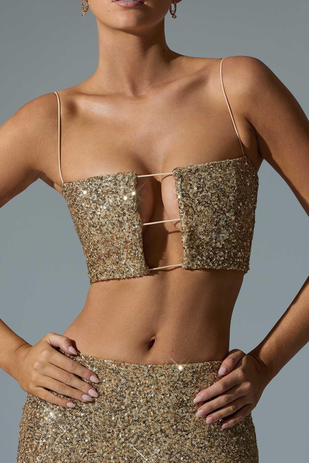 Embellished Cut-Out Crop Top in Gold Product Image