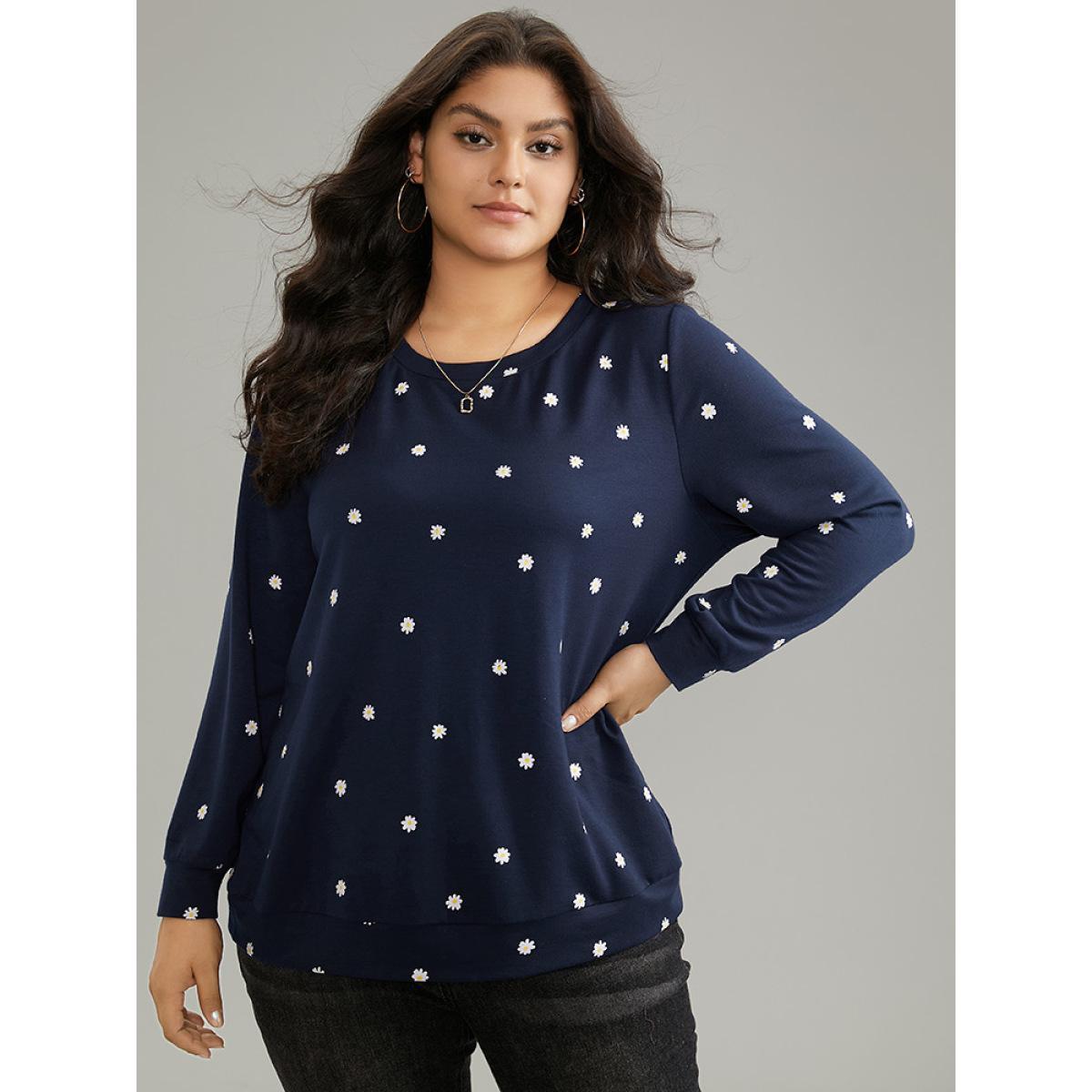 Plus Size Small Daisy Print Crew Neck Sweatshirt Women Indigo Casual Printed Round Neck Dailywear Sweatshirts BloomChic 14-16/1X Product Image