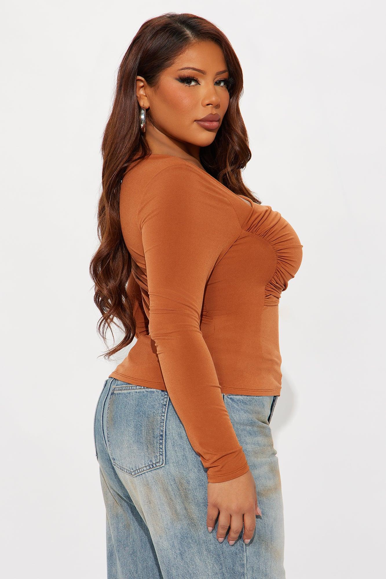 Modern Art Long Sleeve Ruched Top - Camel Product Image