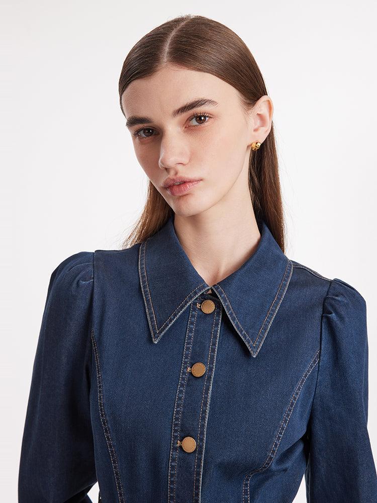 Single-Breasted Lapel Women Midi Denim Dress With Belt Product Image