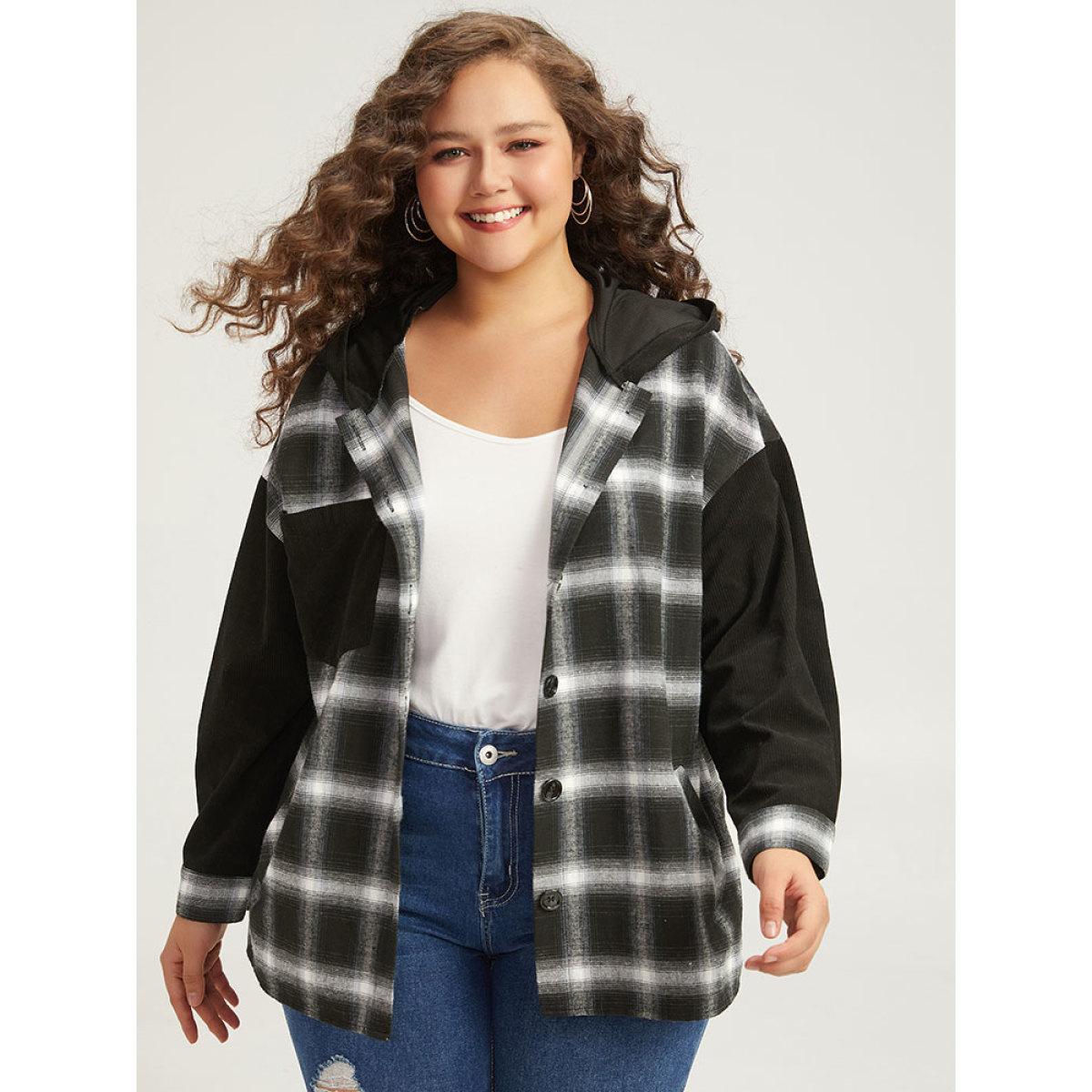 Plus Size Plaid Hooded Patched Pocket Button Up Patchwork Coat Women Black Contrast Pocket Dailywear Jackets BloomChic 14-16/1X Product Image