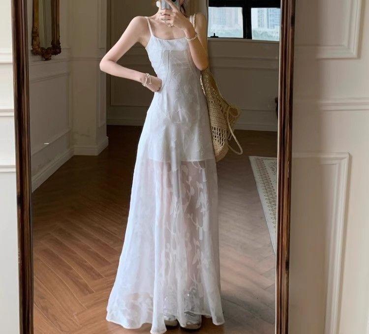 Spaghetti Strap Scoop Neck Floral Sheer Panel Maxi A-Line Dress Product Image