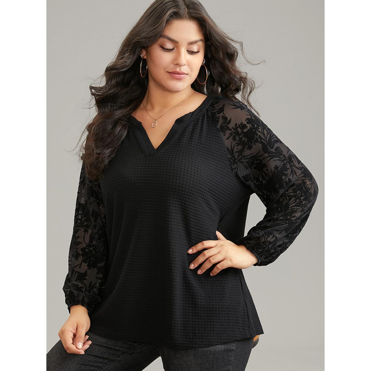 Plus Size Silhouette Floral Print Mesh Waffle Knit T-shirt Black Women Elegant Waffle Knit Silhouette Floral Print Notched collar Dailywear T-shirts BloomChic 12/L Product Image