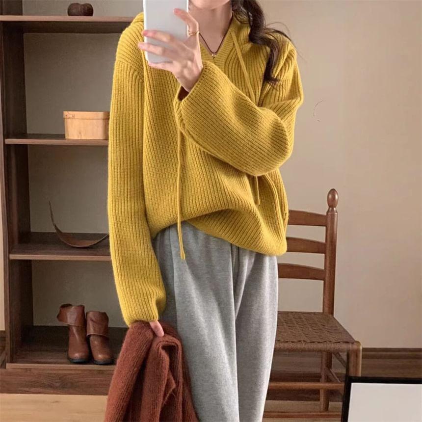Plain Drawstring Knit Hoodie Product Image