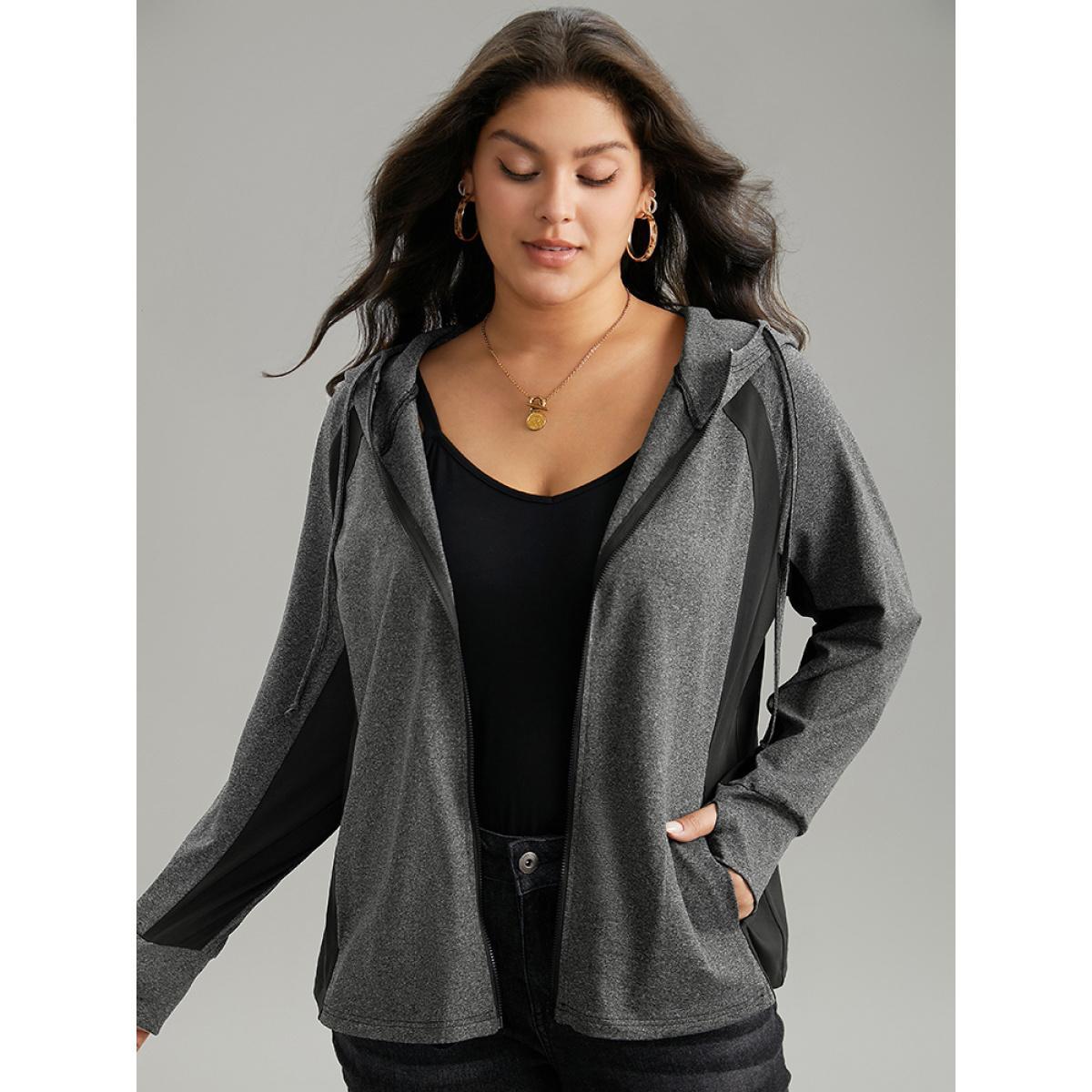 Plus Size Contrast Drawstring Zipper Hooded Jacket Women DimGray Contrast Pocket Dailywear Jackets BloomChic 18-20/2X Product Image