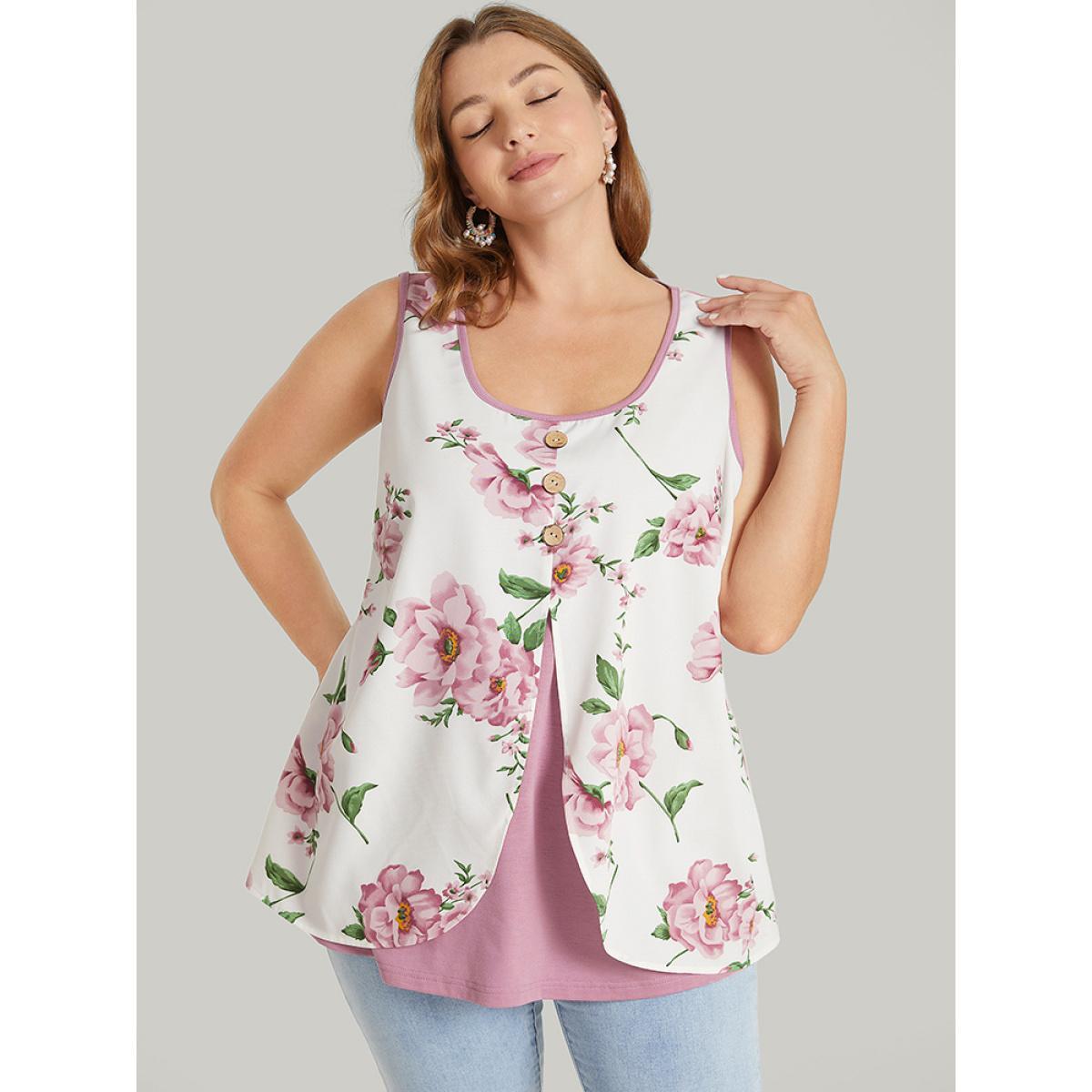 Plus Size Floral Split Front Button Detail 2-In-1 Tank Top Women Rouge Elegant Button Round Neck Dailywear Tank Tops Camis BloomChic 28/5X Product Image