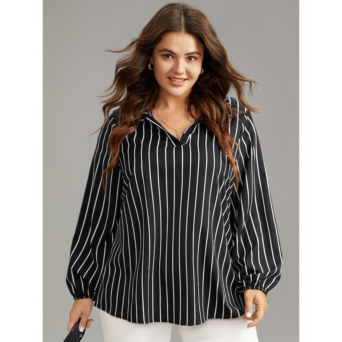 Plus Size Black Striped Shirt Collar Lantern Sleeve Blouse Women Office Long Sleeve Shirt collar Work Blouses BloomChic 28/5X Product Image