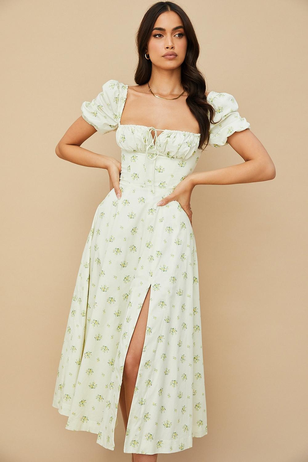 Tallulah Ivory Floral Puff Sleeve Midi Dress Product Image