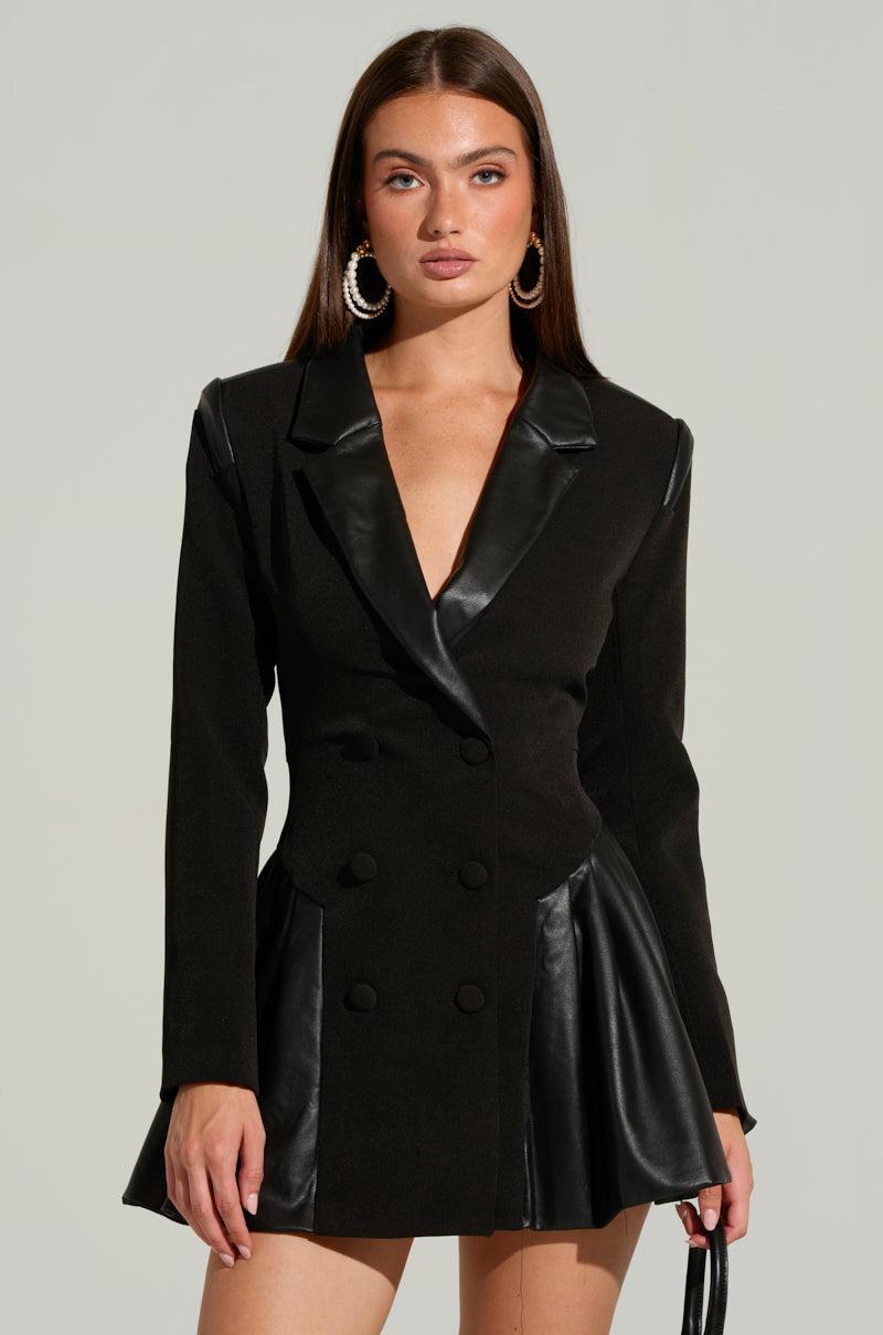 BACK TO BUSINESS FAUX LEATHER DETAIL PLEATED BLAZER DRESS Product Image