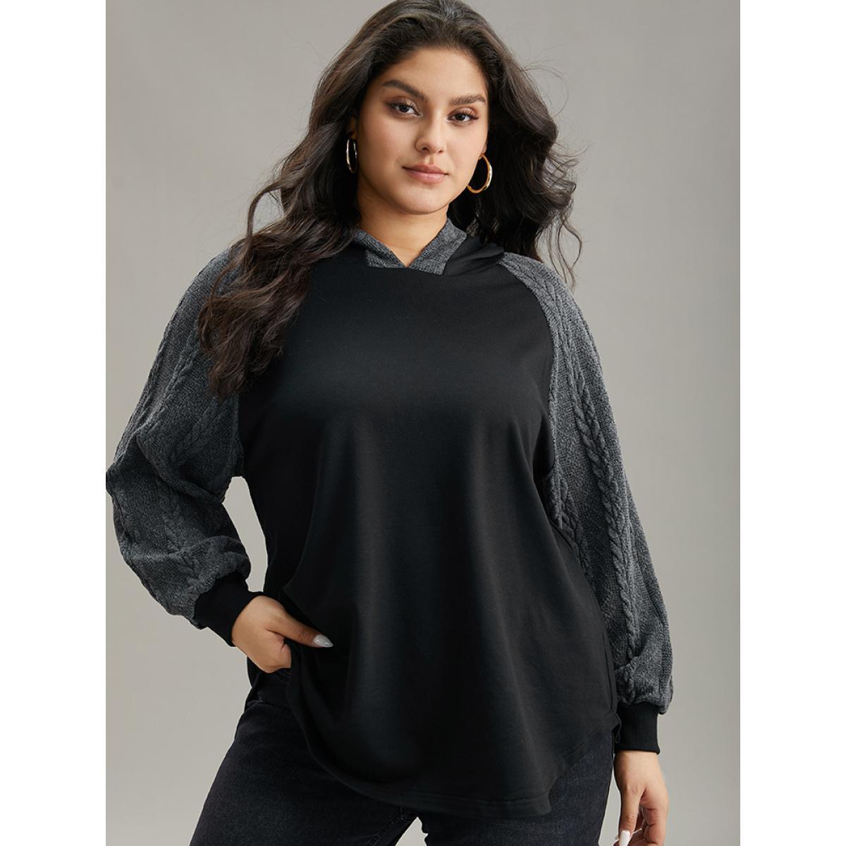 Plus Size Rib Knit Cable Knit Patchwork Hooded Sweatshirt Women Black Casual Elastic cuffs Hooded Dailywear Sweatshirts BloomChic 30/6X Product Image