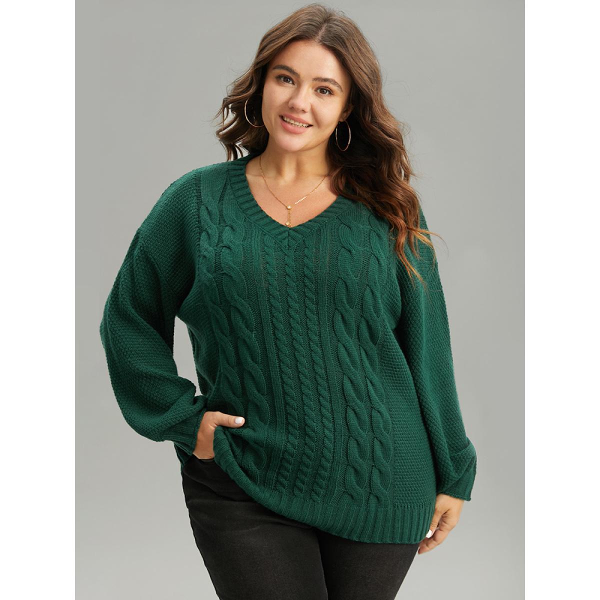 Plus Size Solid Cable Knit V Neck Elastic Cuffs Pullover DarkGreen Women Casual Loose Long Sleeve V-neck Everyday Pullovers BloomChic 10/M Product Image