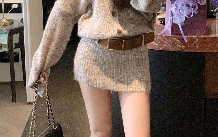 Off Shoulder Long Sleeve Plain Buttoned Ribbed Knitted Mini Sweater Dress with Belt Product Image
