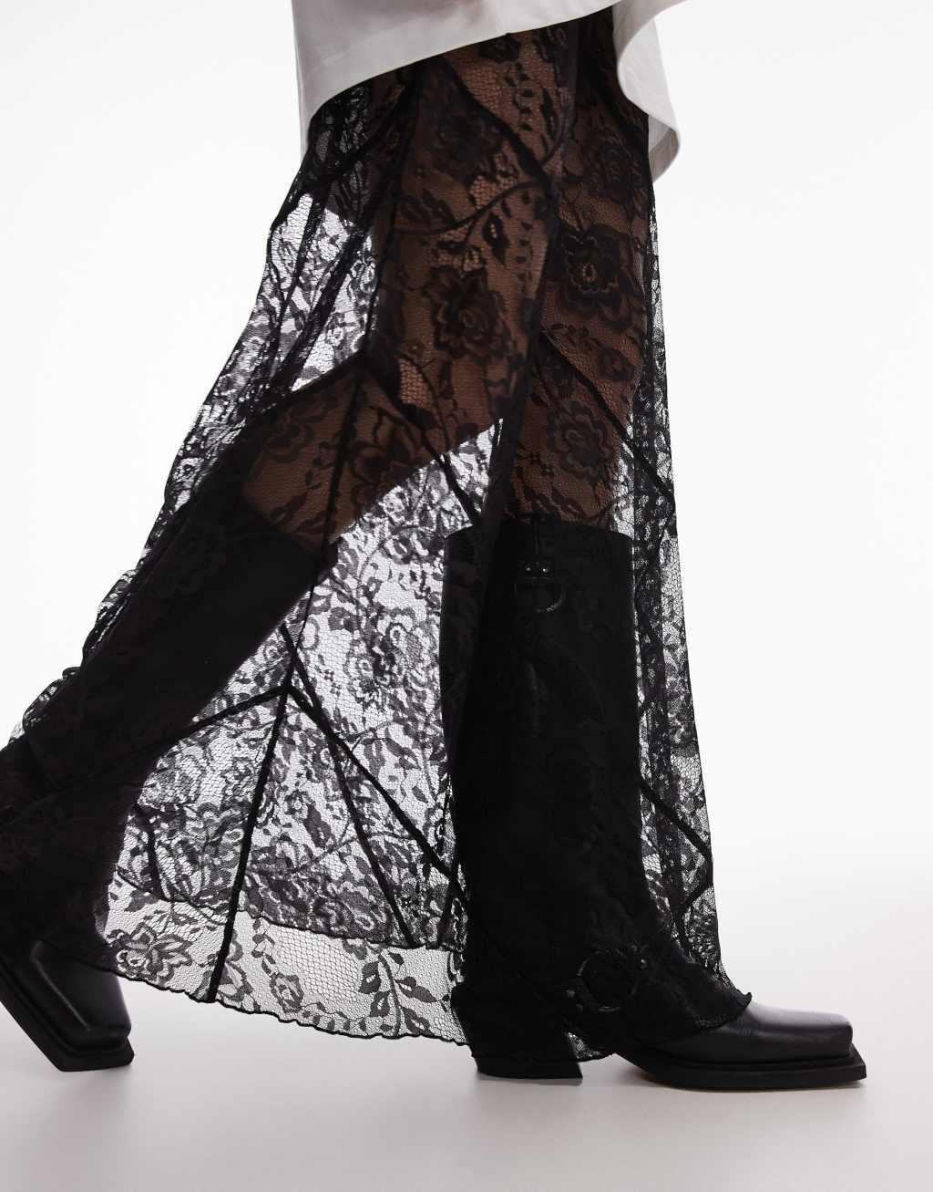 Topshop sheer diagonal tiered floral lace maxi skirt in black Product Image