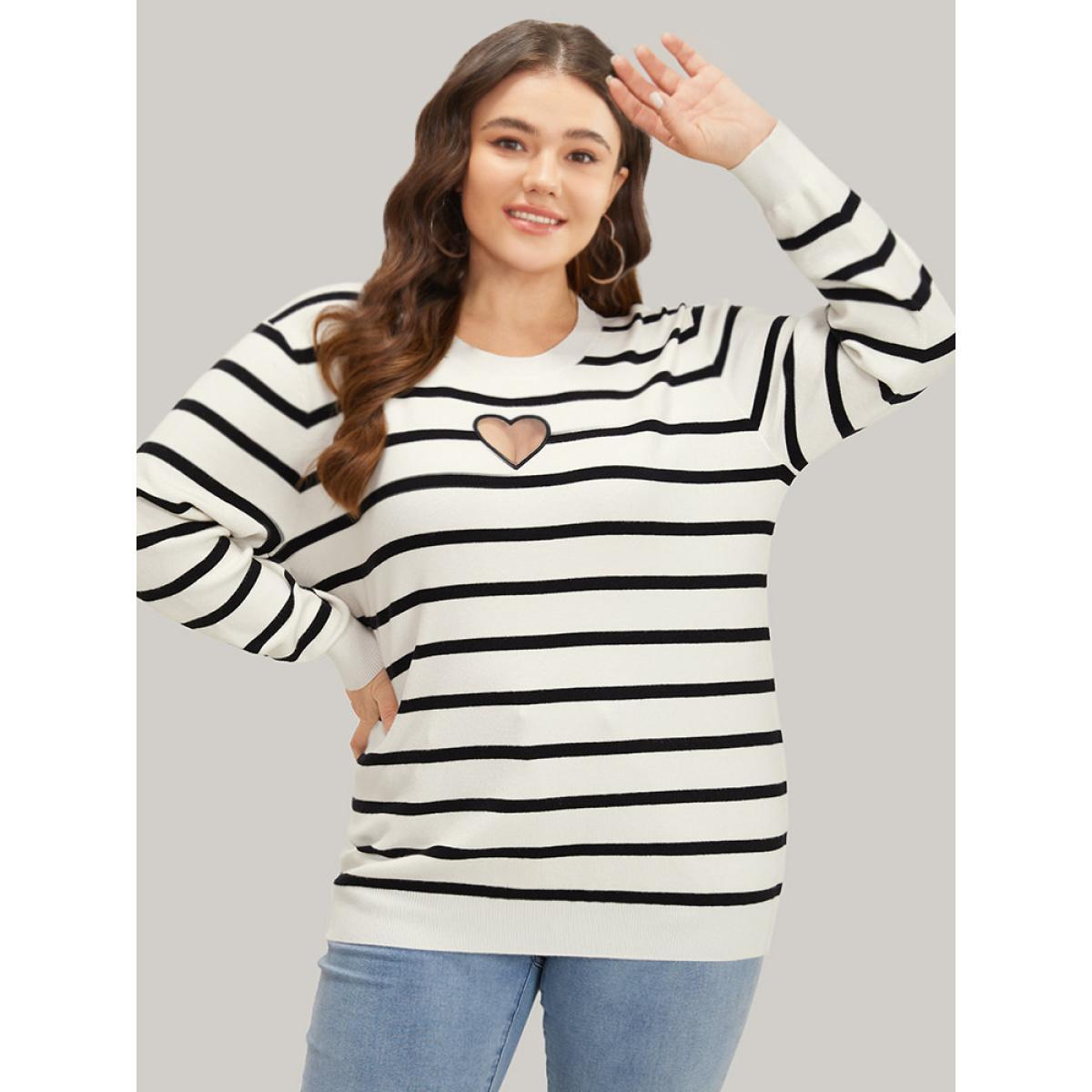 Plus Size Supersoft Essentials Striped Heart Keyhole Mesh Pullover Ivory Women Casual Loose Long Sleeve Round Neck Dailywear Pullovers BloomChic 12/L Product Image