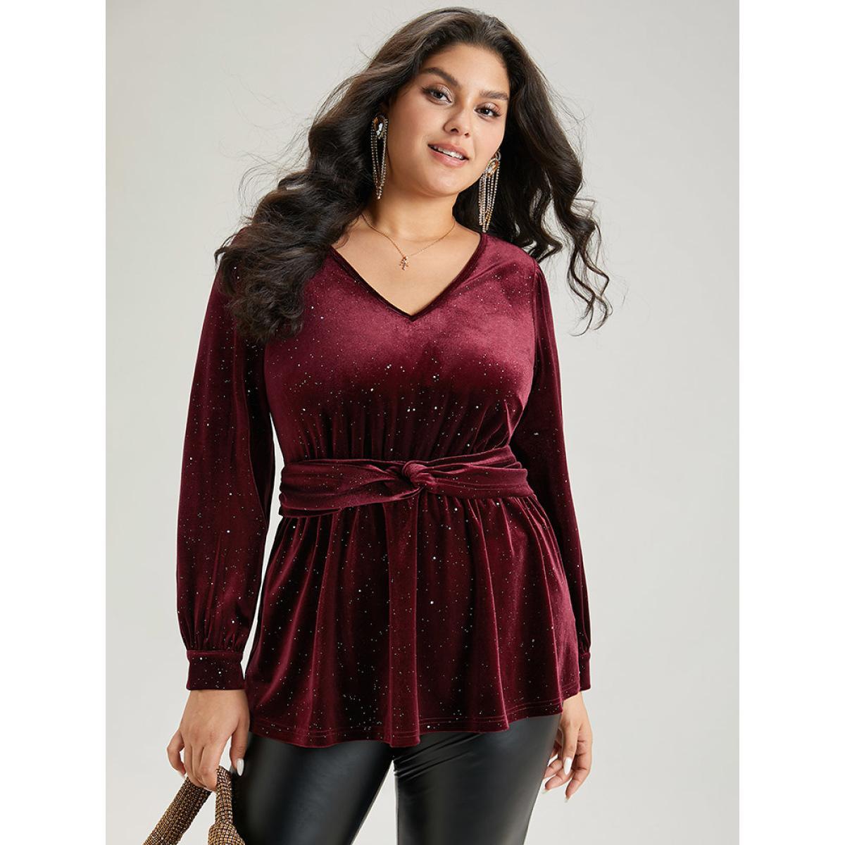 Plus Size Scarlet Glitter Sequin Velvet Twist Front V Neck Blouse Women Cocktail Long Sleeve V-neck Party Blouses BloomChic 12/L Product Image