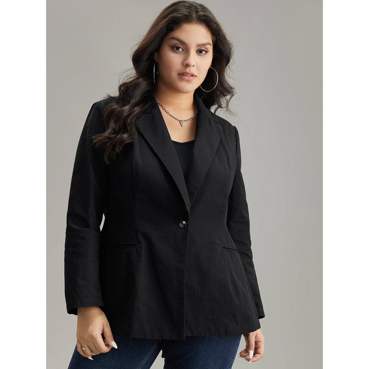 Plus Size Plain Gathered Suit Collar Button Fly Blazer Black Women Dailywear Plain Plain Sleeve Long Sleeve Suit Collar 12/L Casual Blazers BloomChic Product Image