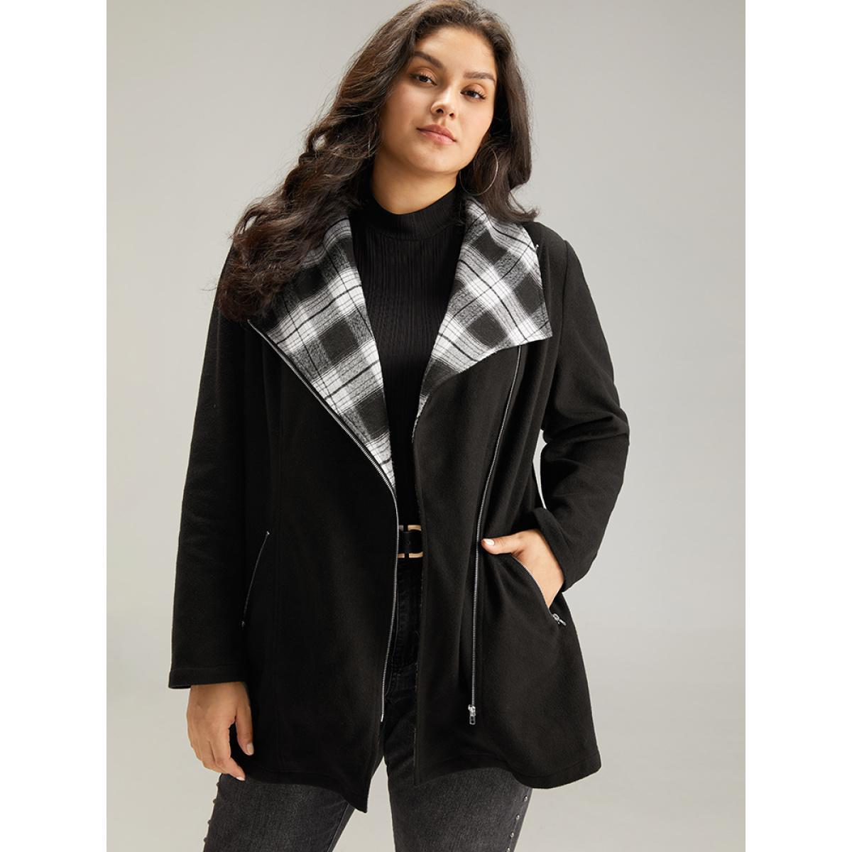 Plus Size Plaid Patchwork Lapel Collar Zipper Coat Women Black Elegant Contrast Ladies Everyday Winter Coats BloomChic 12/L Product Image