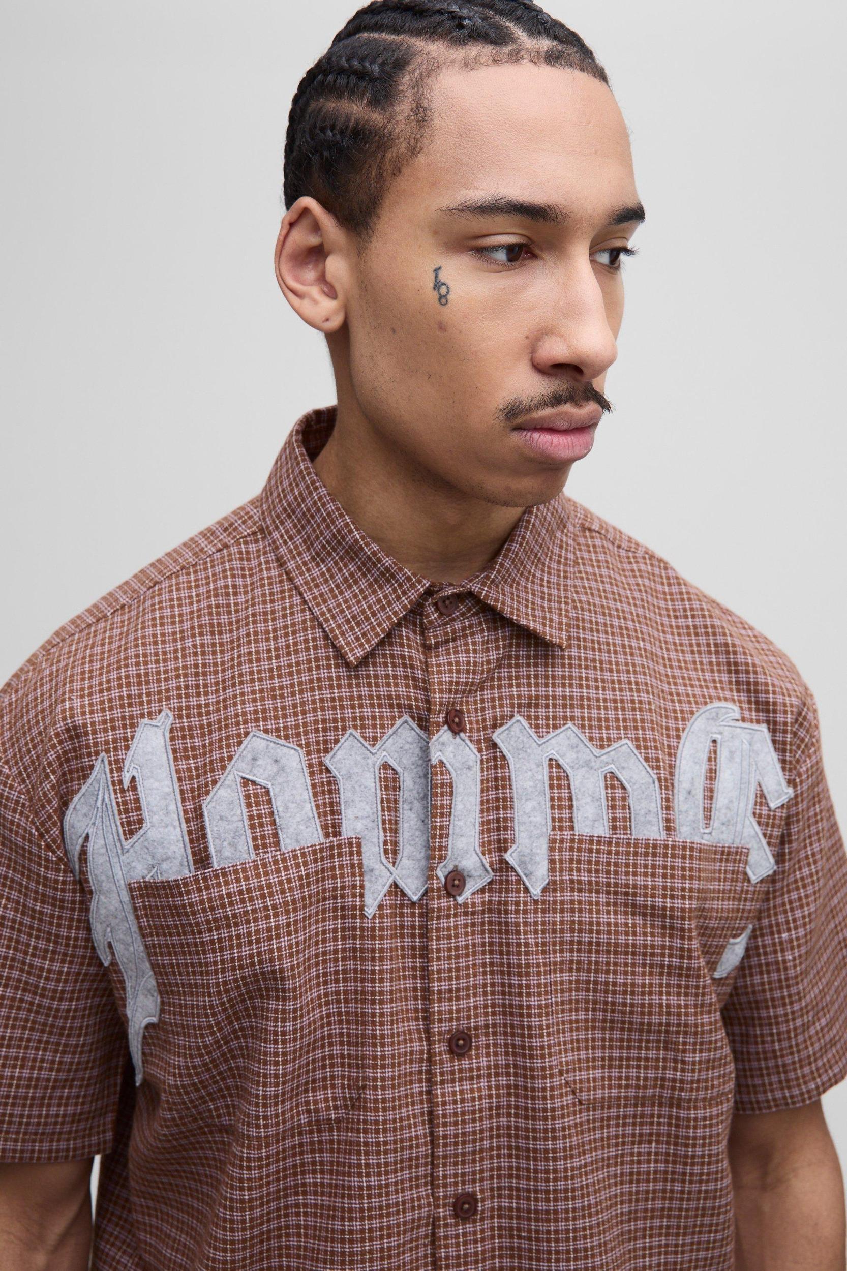 Oversized Half Sleeve Homme Applique Flannel Shirt & Short Set | boohooMAN USA Product Image
