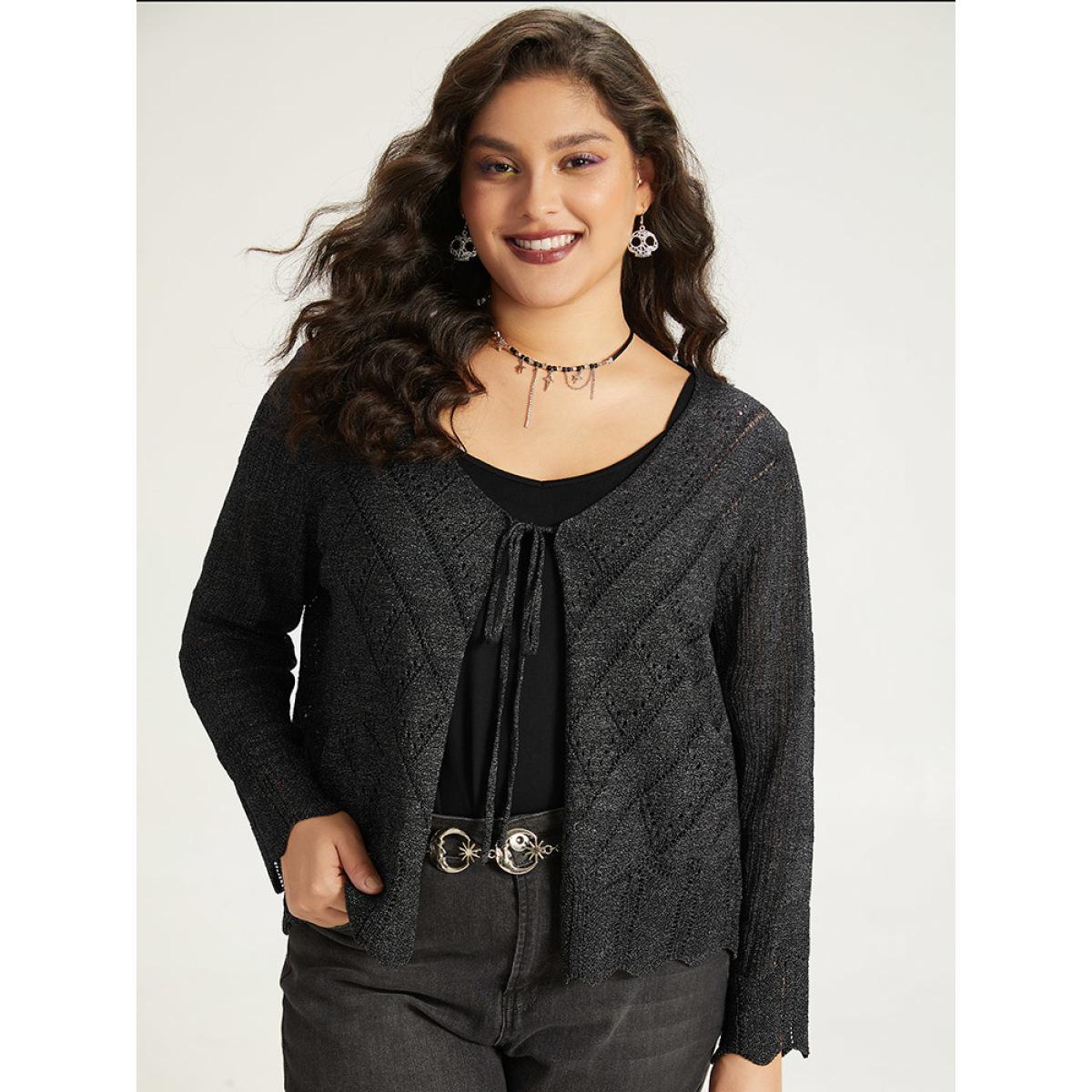 Plus Size Supersoft Essentials Halloween Plain Hollow Out Ties Open Front Cardigan Black Women Casual Loose Long Sleeve Everyday Cardigans BloomChic 14-16/1X Product Image