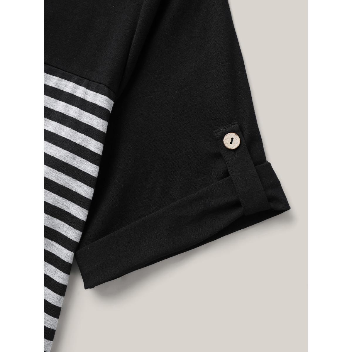 Plus Size Stripes Button Tab Sleeve Pockets Midi Dress Black Women Non Half Sleeve Curvy BloomChic 10/M Product Image