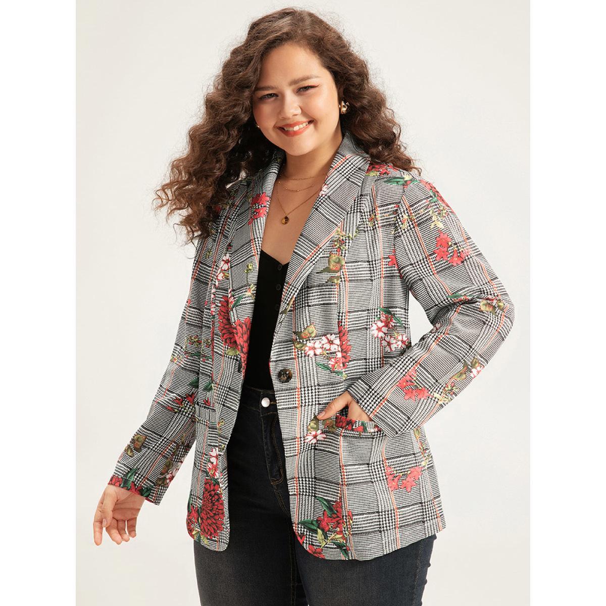 Plus Size Floral Plaid Patchwork Pocket Blazer Multicolor Women Dailywear Plaid Printed Sleeve Long Sleeve Lapel Collar 14-16/1X Pocket Elegant Blazers BloomChic Product Image