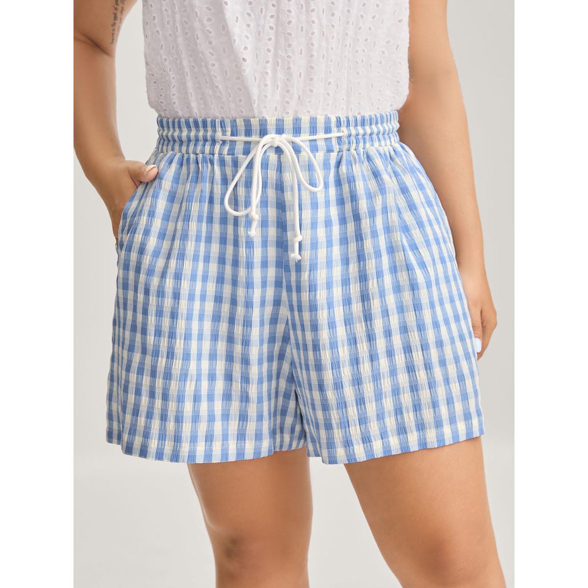 Plus Size Plaid Print Drawstring Wide-Leg Shorts Women LightBlue Casual Drawstring Wide Leg Everyday-Casual Shorts BloomChic 26/4X Product Image
