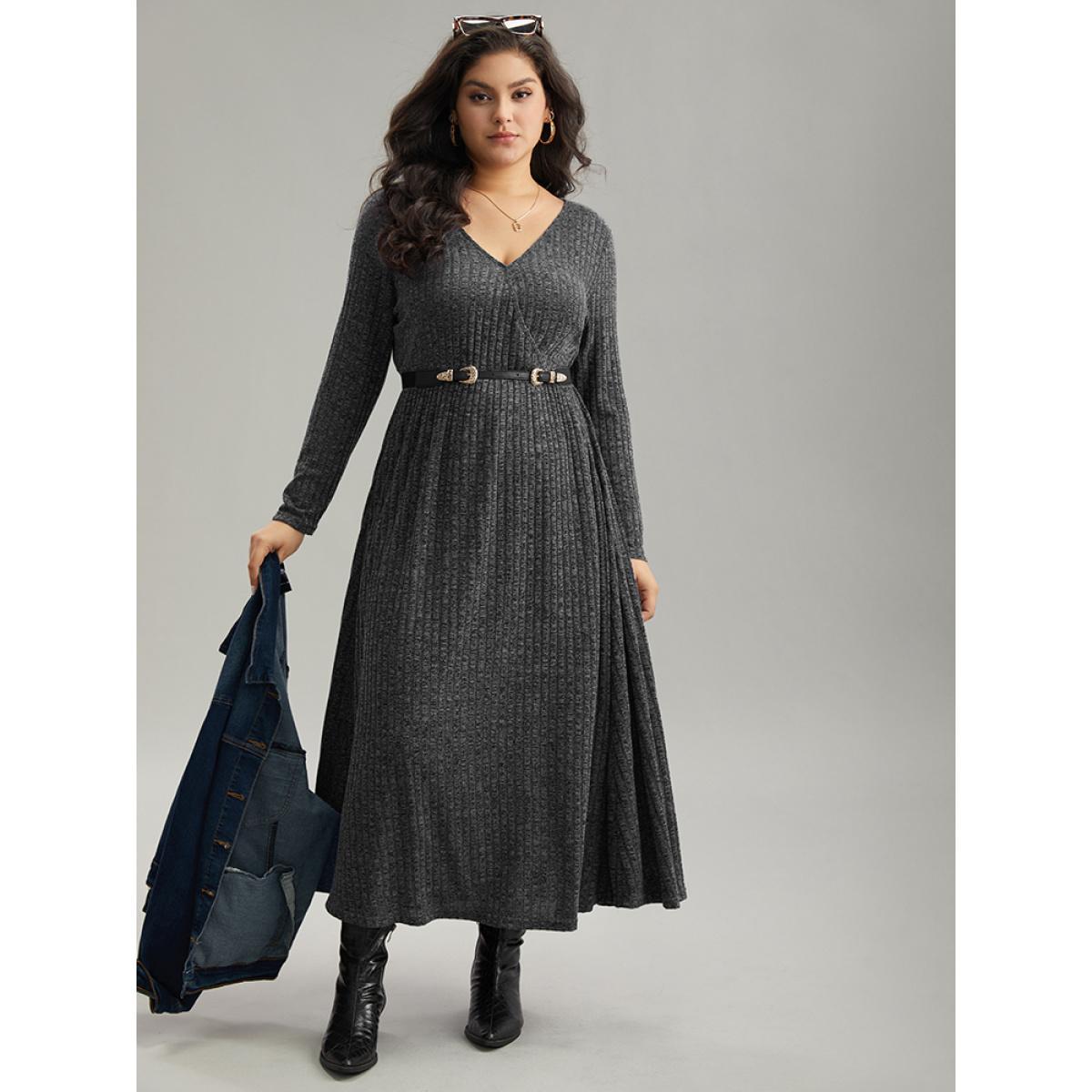 Plus Size Solid Rib Knit Overlap Collar Pocket Dress DimGray Women Casual Texture Overlap Collar Long Sleeve Curvy Midi Dress BloomChic 28/5X Product Image