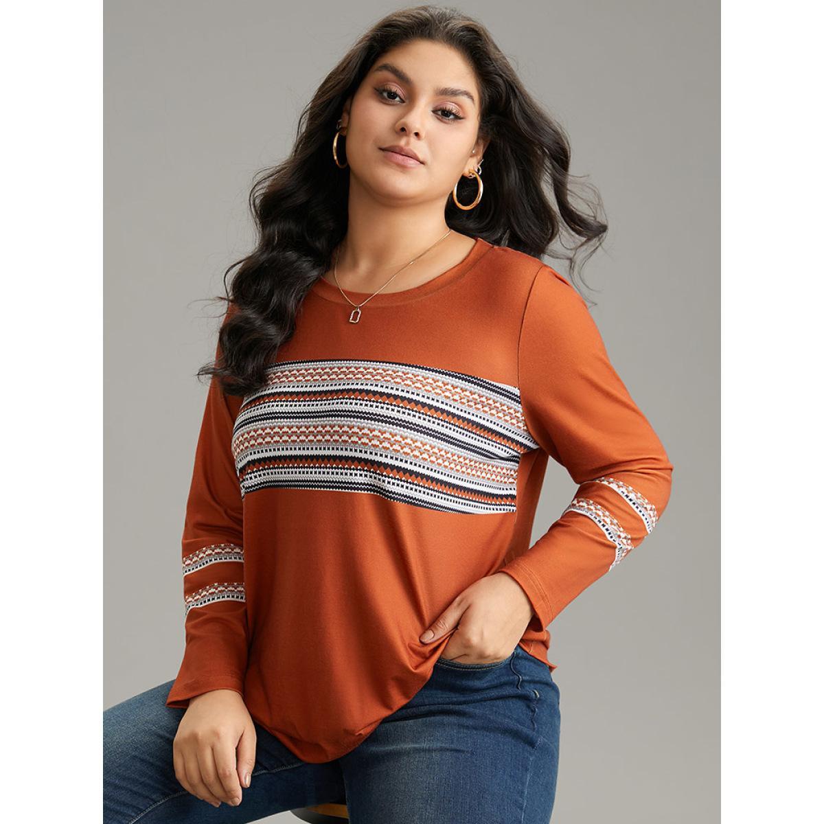 Plus Size Boho Print Patchwork Crew Neck T-shirt OrangeRed Women Casual Printed Bohemian Print Round Neck Dailywear T-shirts BloomChic 26/4X Product Image