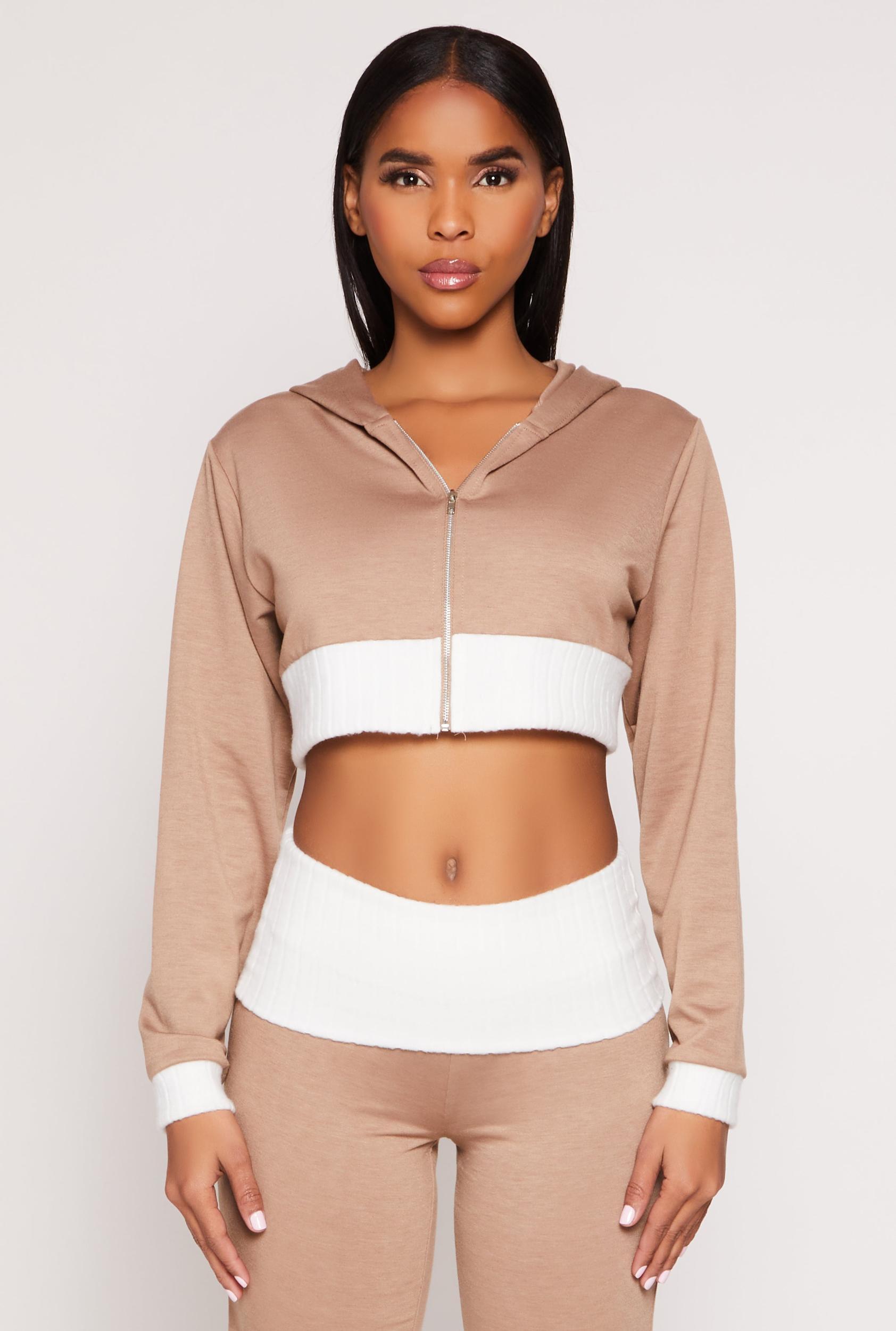 Womens Two Tone Trim Cropped Hooded Sweatshirt Product Image