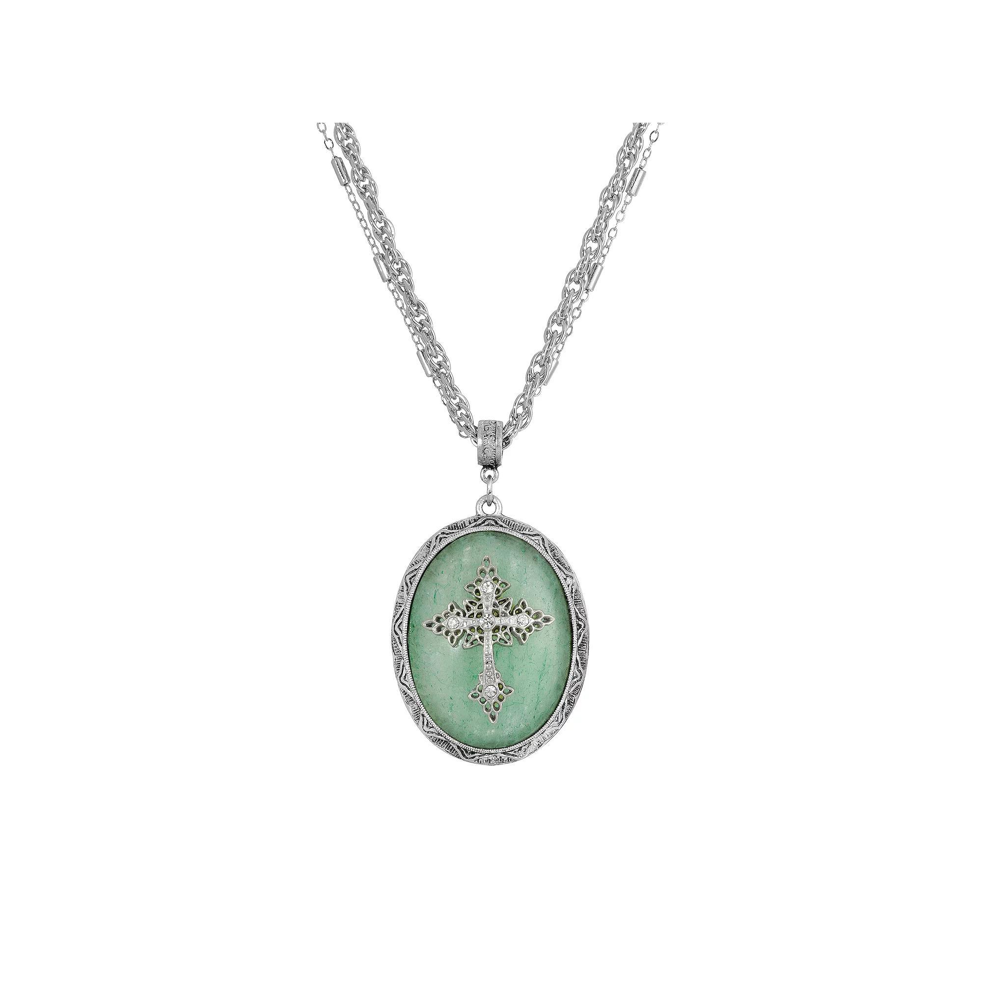 Symbols Of Faith Silver Tone Crystal Cross Cameo Double-Strand Pendant Necklace, Womens, Green Product Image