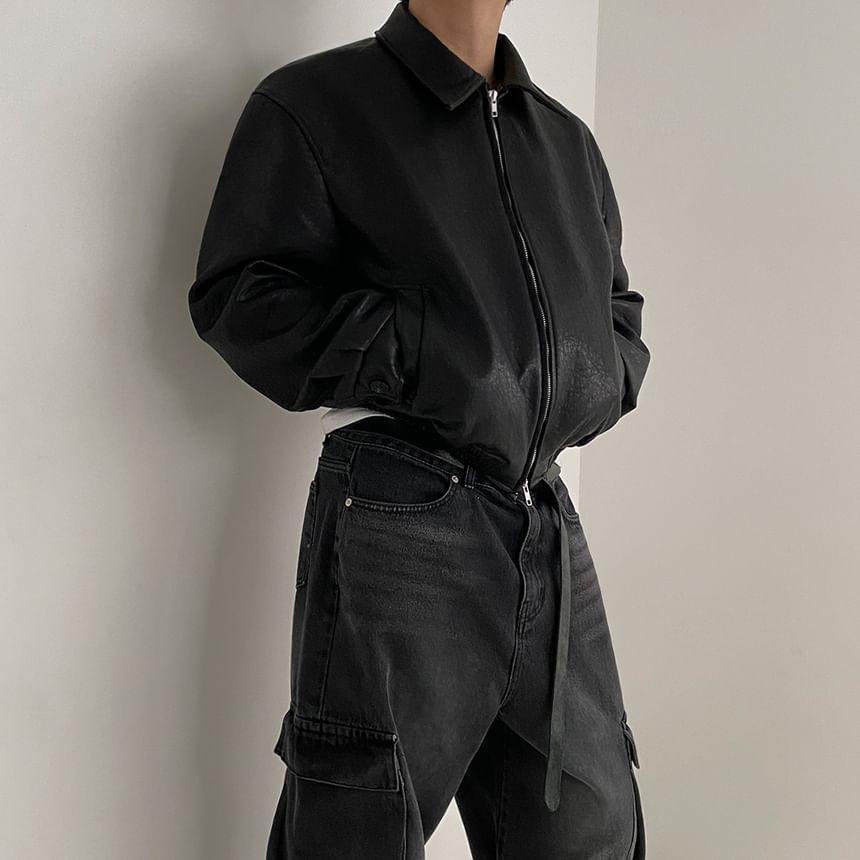 Collar Plain Faux Leather Zip Jacket Product Image