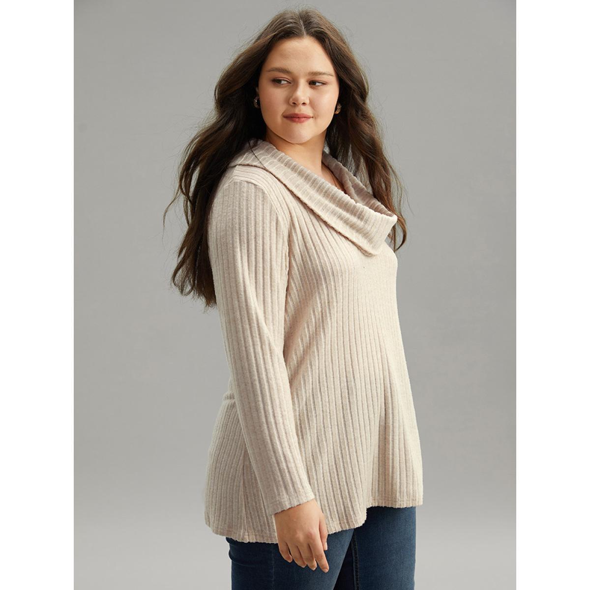 Plus Size Plain Rib Knit Cowl Neck T-shirt Apricot Women Elegant Texture Plain Ruffled collar Dailywear T-shirts BloomChic 10/M Product Image