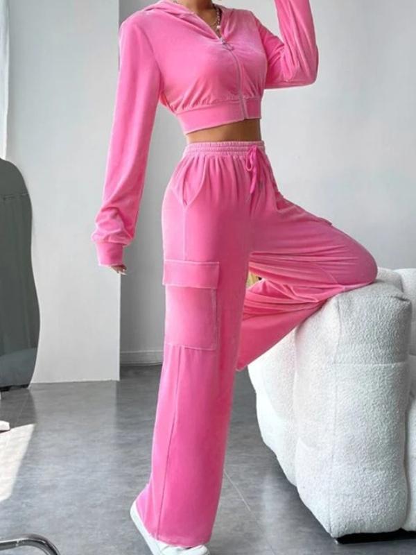 Solid Velvet Zip Up Hoodie & Flap Pocket Pants Set Product Image