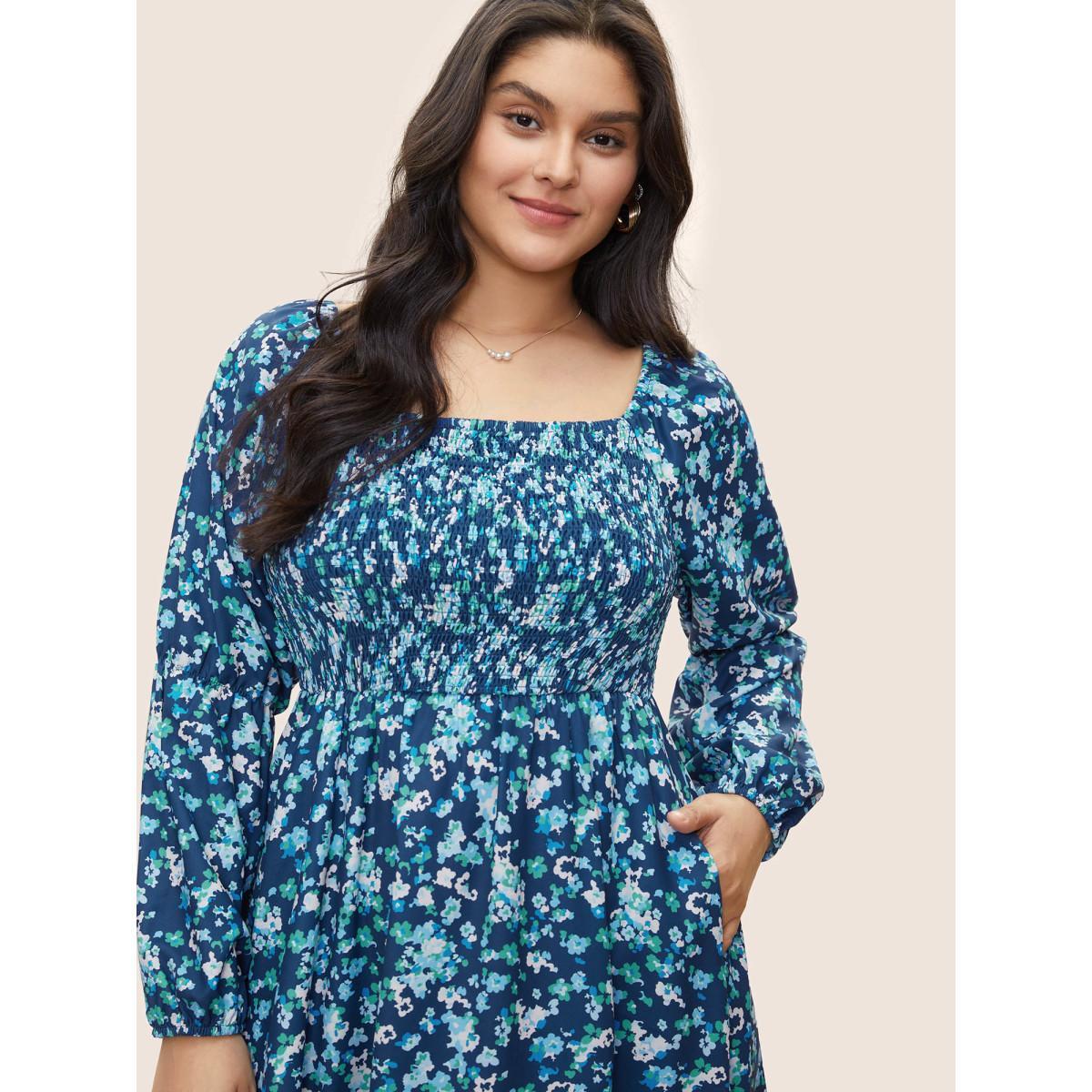 Plus Size Square Neck Ditsy Floral Shirred Elastic Waist Dress Aegean Women Elegant Non Square Neck Long Sleeve Curvy Midi Dress BloomChic 26/4X Product Image