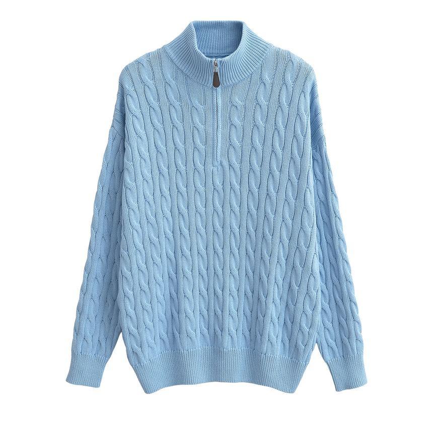 Drop Shoulder Half Zip Cable Knit Oversized Sweater Product Image