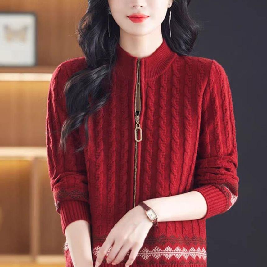 Stand Collar Patterned Zip Cable Knit Cardigan Product Image