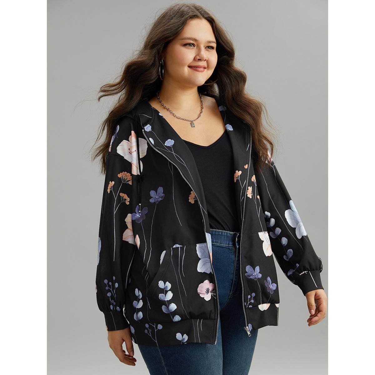 Plus Size Floral Print Zipper Hooded Pocket Windbreaker Women Black Printed Pocket Dailywear Jackets BloomChic 18-20/2X Product Image