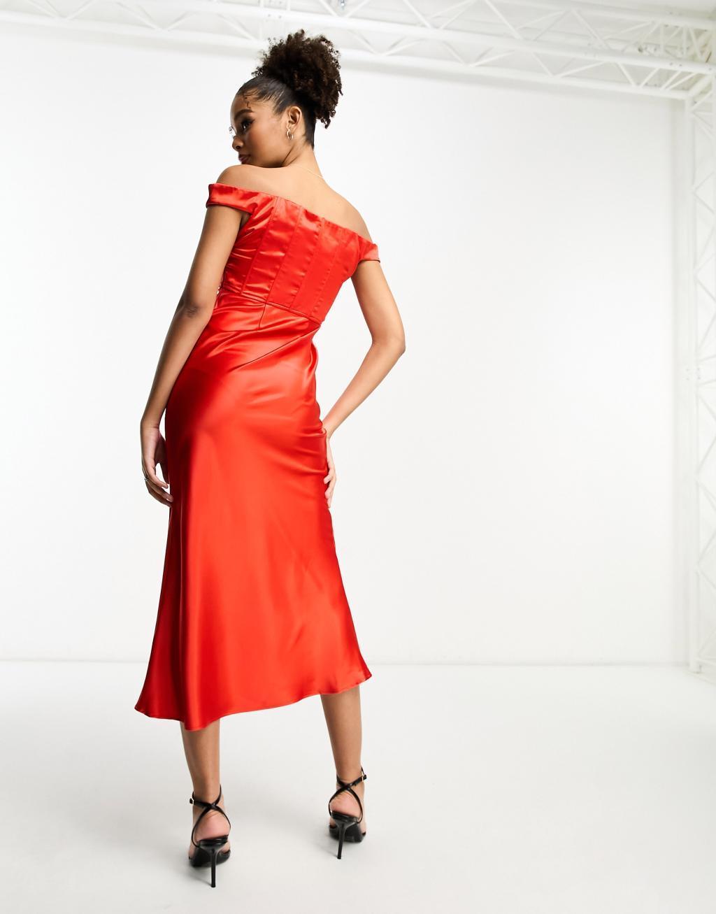 Rare London satin bardot corset detail midi dress Product Image