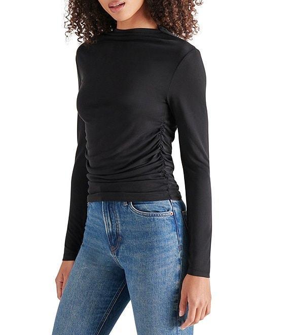 Steve Madden Elvira Knit Jersey Drape Neck Long Sleeve Ruched Top Product Image
