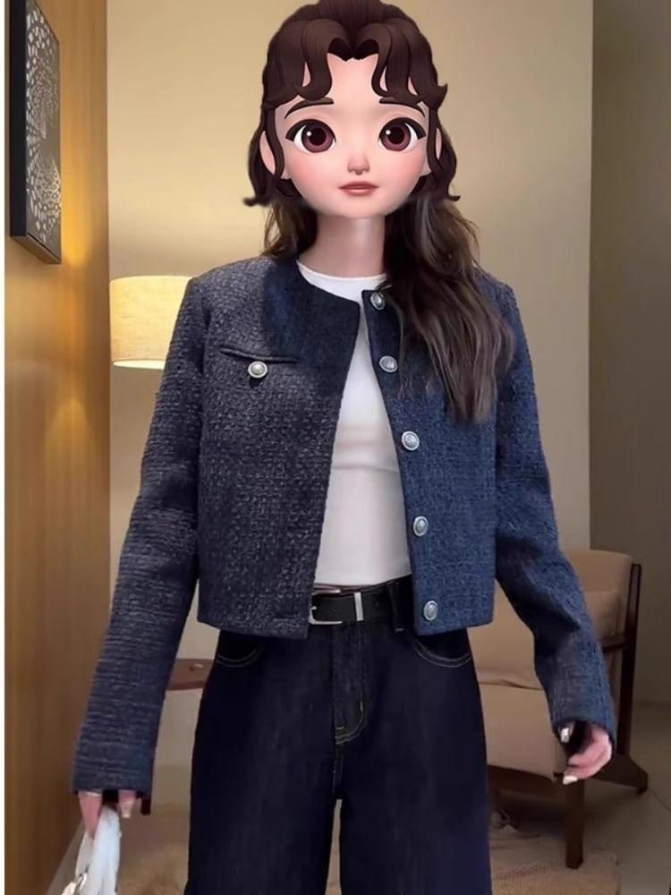 Round Neck Plain Tweed Single Breasted Cropped Jacket Product Image