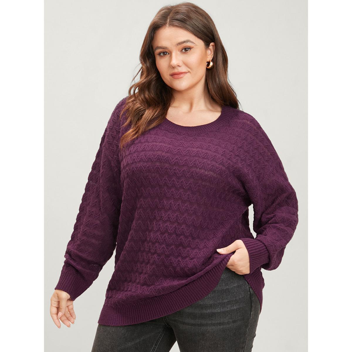 Plus Size Solid Geometric Pointelle Knit Round Neck Knit Top Eggplant Women Elegant Loose Long Sleeve Dailywear Pullovers BloomChic 14-16/1X Product Image