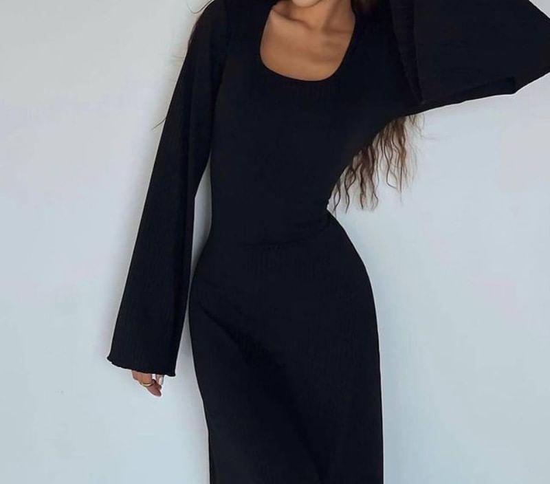 Bell Sleeve Scoop Neck Plain Ribbed Maxi A-Line Dress Product Image