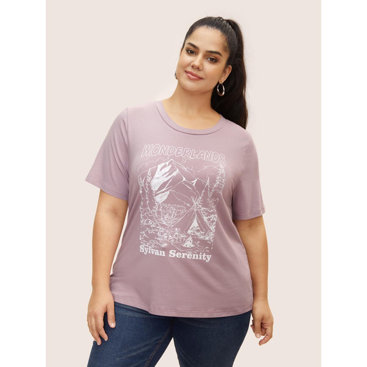 Plus Size Cotton Landscape Pattern Round Neck T-shirt Dirtypink Women Casual Contrast Natural Flowers Round Neck Everyday T-shirts BloomChic 22-24/3X Product Image